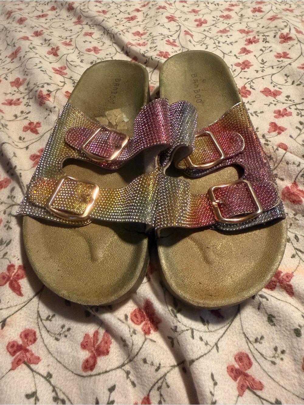 BAMBOO Glitter Double-Buckle Slide Sandals - Rainbow